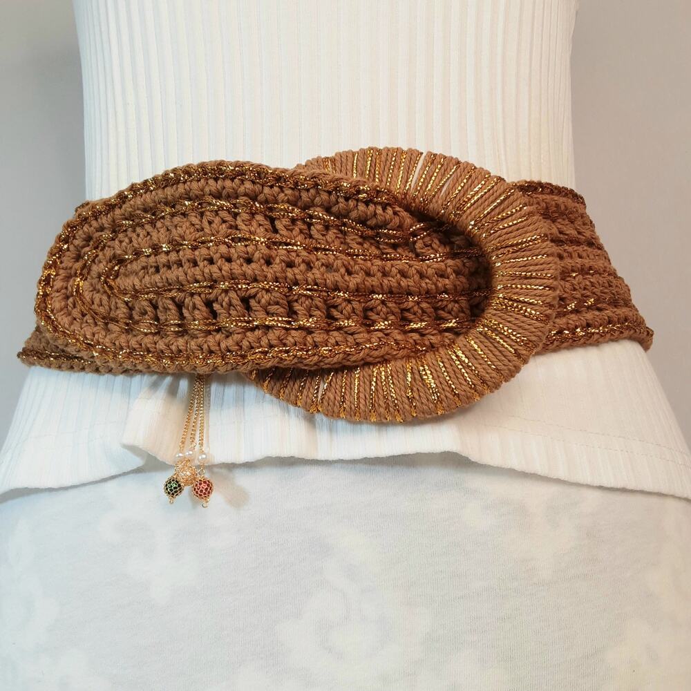 💎Boho Lux Golden Brown Crochet Belt Medium Waist Jumbro Statement Wrapped Buckle